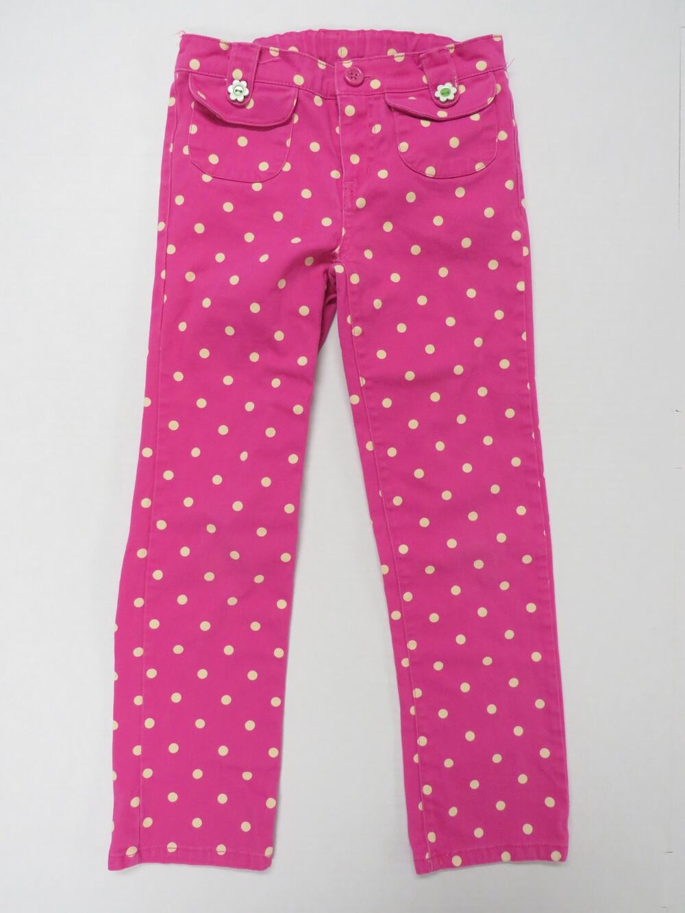 Gymboree Girls 7 Cotton Pink Polka Dot Pants Adjustable Waist Flower Buttons